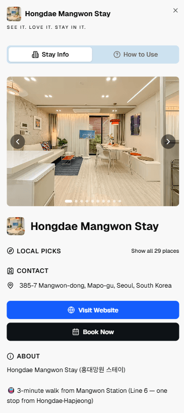 Stay Info screen introducing the property